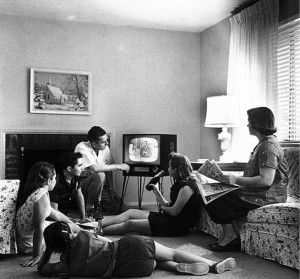 Family watching television in 1958